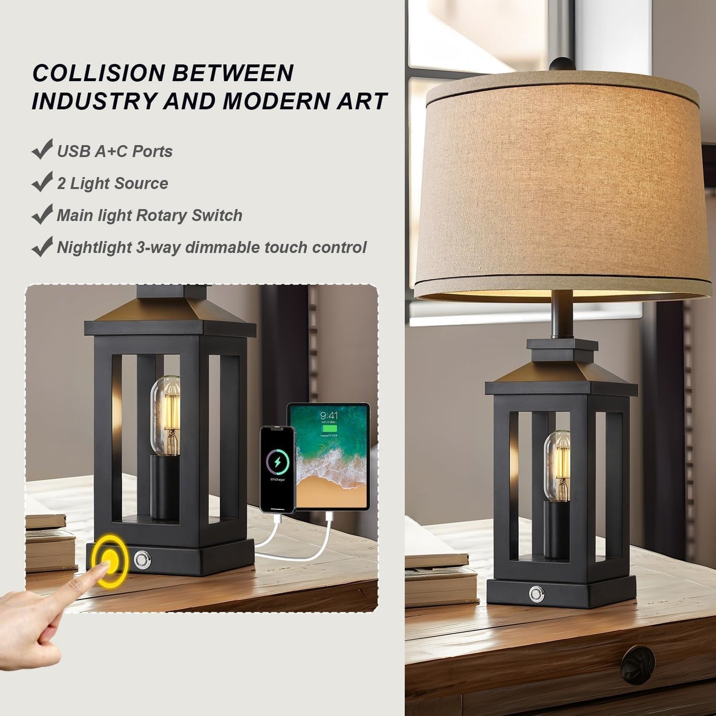 Retro Black Table Lamps Touch Control, USB, Vintage Set